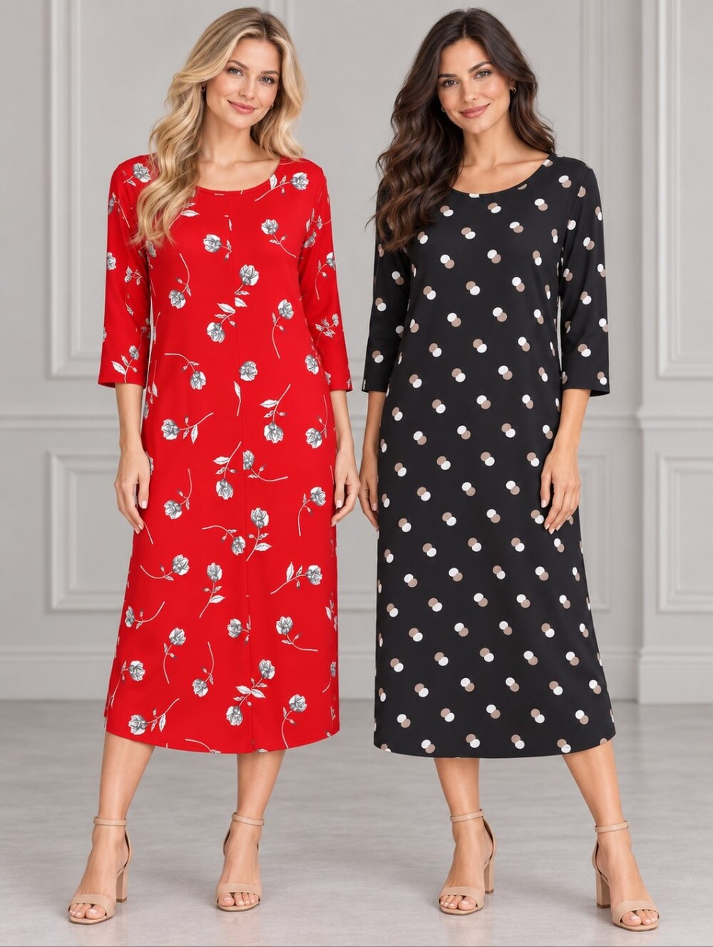 Kate & Mallory Red Floral and Black Polka Dot Midi Dress Duo